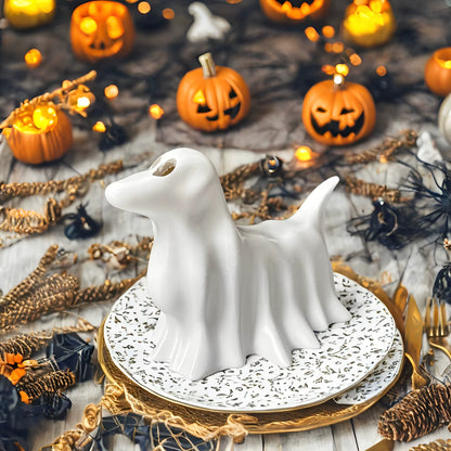Dog Resin Statue - Halloween Decor Cute Spooky White Resin Figurine for Garden Witch Theme Party - No Candles, Halloween Props