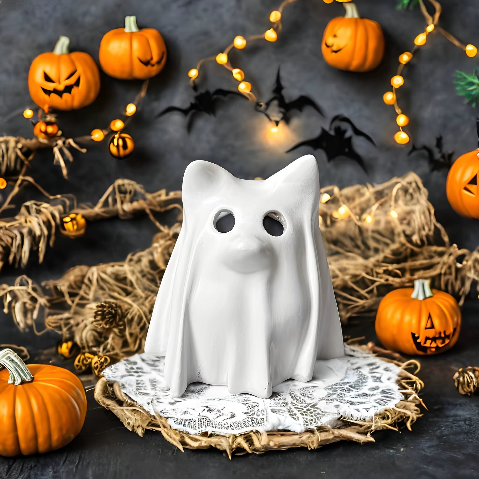 Dog Resin Statue - Halloween Decor Cute Spooky White Resin Figurine for Garden Witch Theme Party - No Candles, Halloween Props